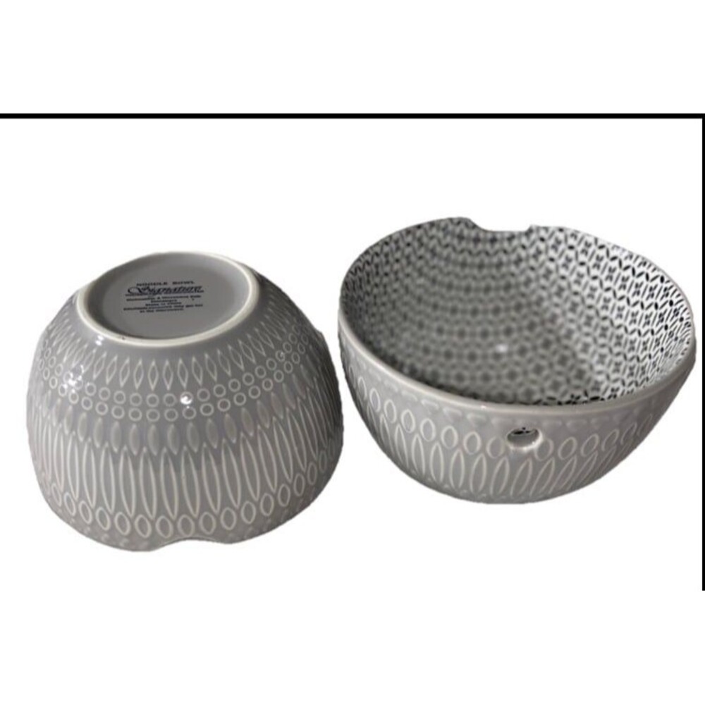 2 Signature Housewares Gray Stoneware Noodle Bowl Modern Geometric Pattern - Picture 3 of 7